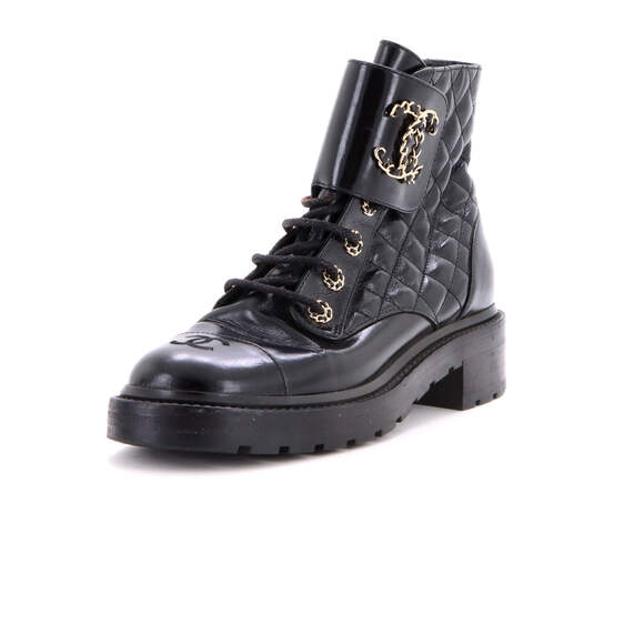 Chanel Shoes - Chanel Women's Chain CC Cap Toe Lace Up Combat Boots Quilted Shiny Calfskin